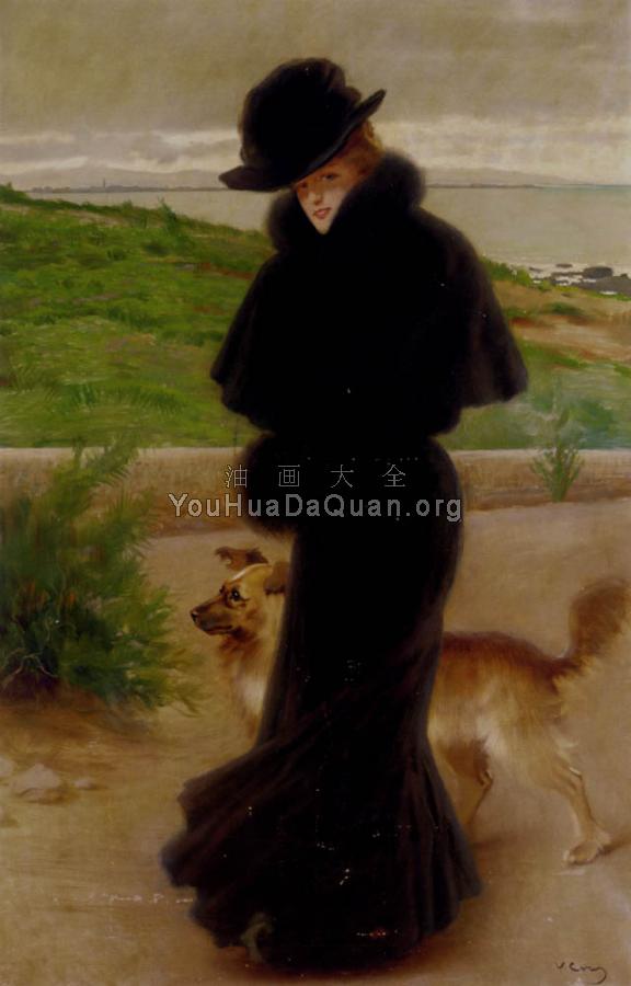 An Elegant Lady With Her Faithful Companion By The Beach - 维托里奥·梅特奥·柯尔克斯